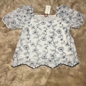 Solitaire White Black Blouse Floral Design Puff Sleeve